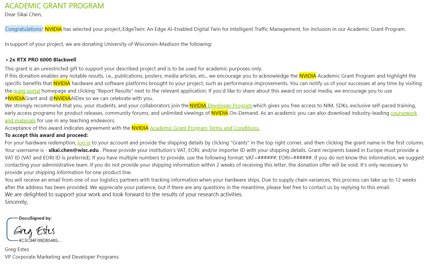 NVIDIA Academic Grant Program award notice for the EdgeTwin project