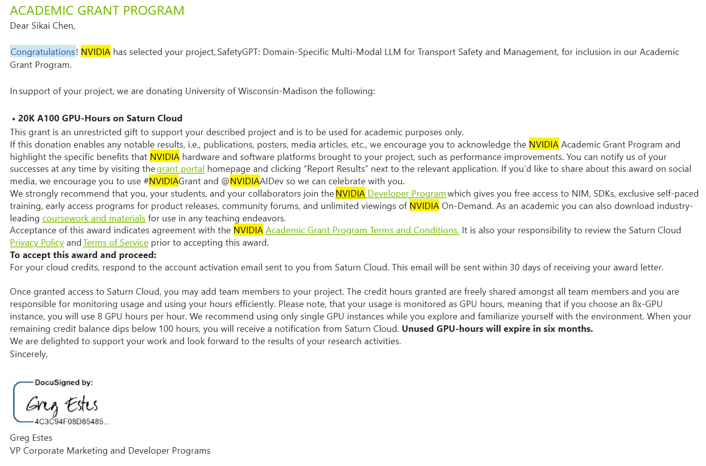NVIDIA Academic Grant Program award notice for the SafetyGPT project