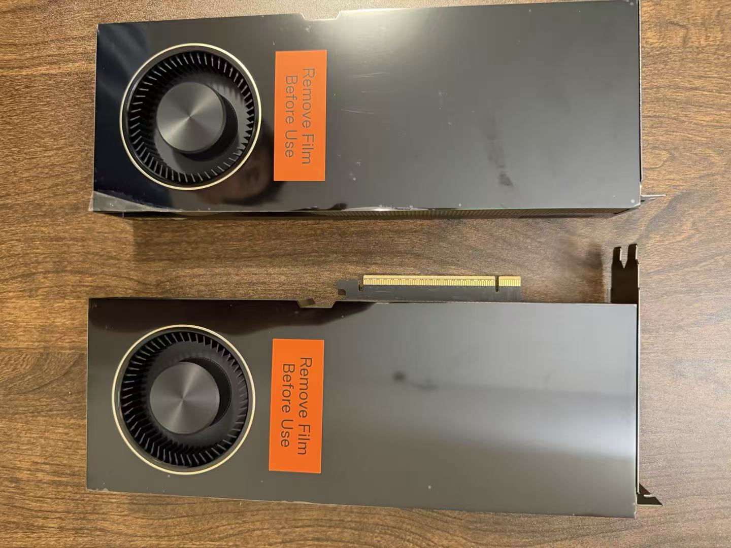Front view of two NVIDIA RTX PRO 6000 Blackwell GPUs before installation