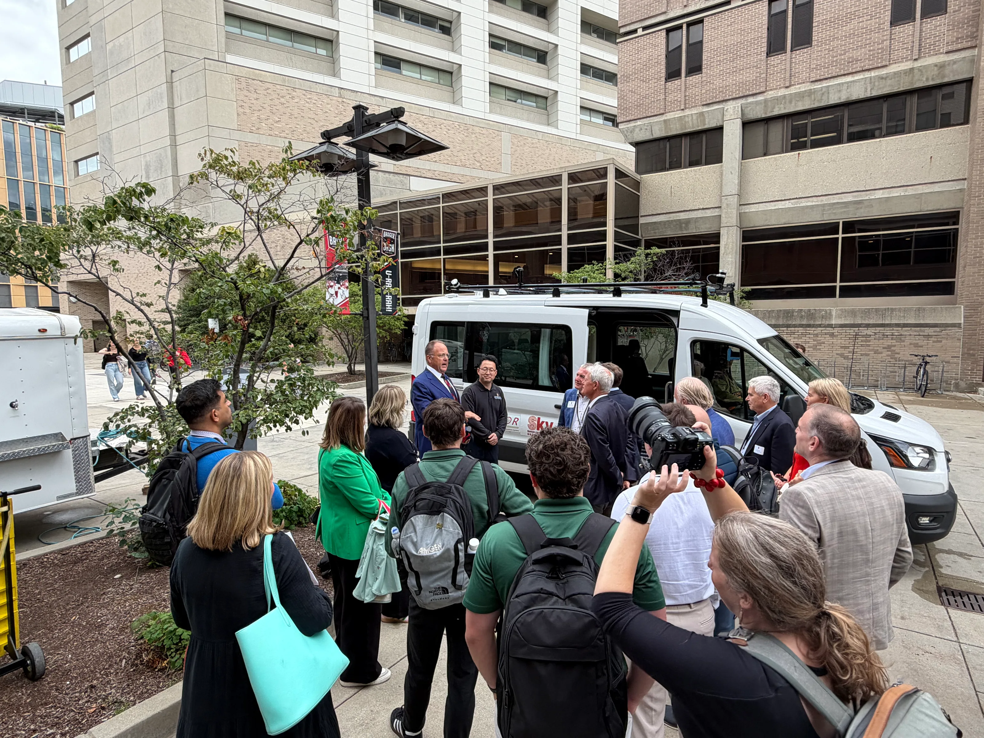 CATS Lab and Sky-Lab researchers introducing autonomous vehicle research to the Irish delegation