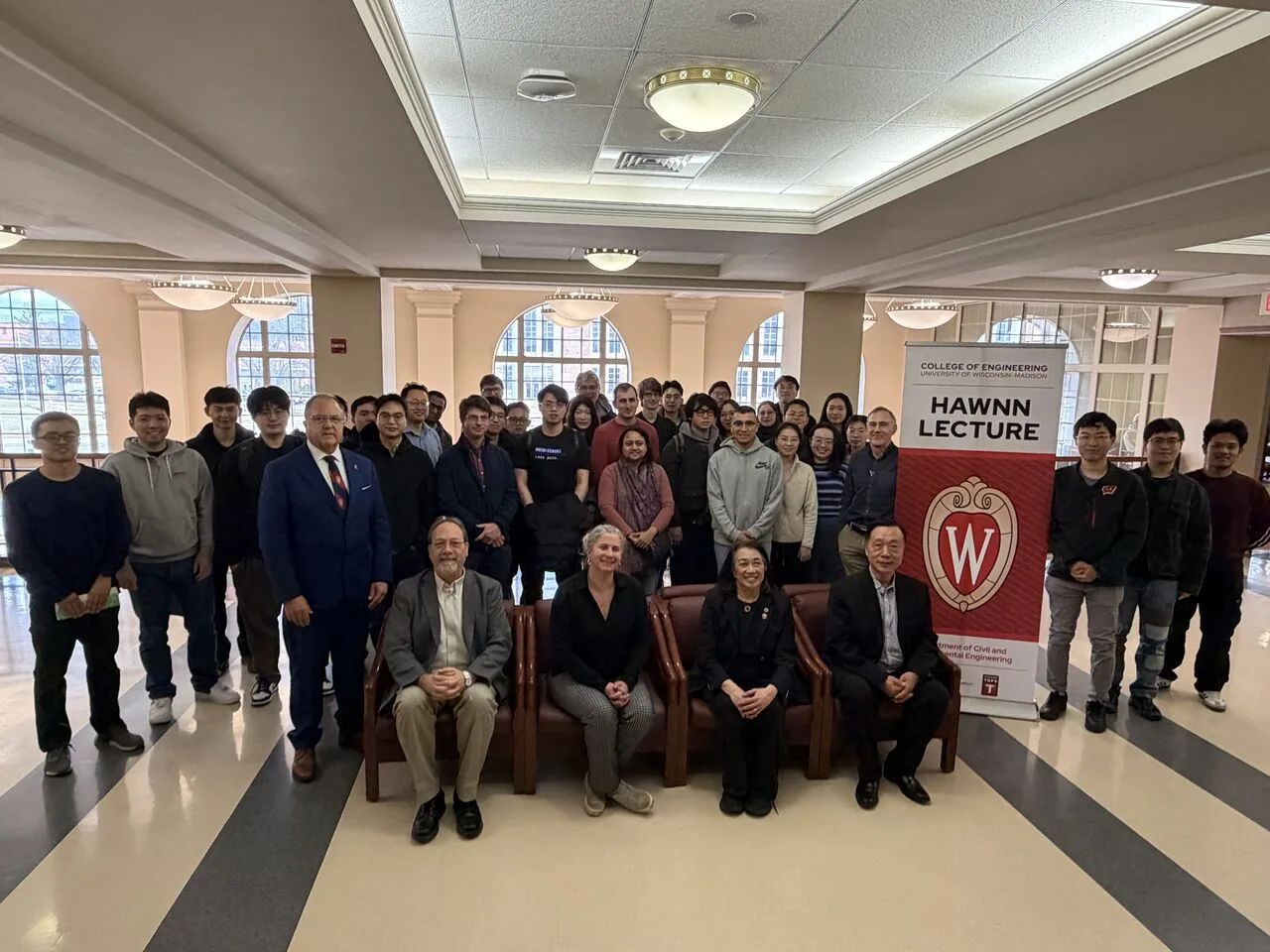 Eva Lerner-Lam with faculty, students, and attendees after the Spring 2026 Hawnn Lecture